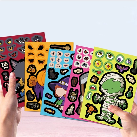 Adesivi Puzzle Fai-da-te di Halloween Make A Face Fantasma Cartone Zucca Mummia Strega Mostro Adesivi per Bambini Regali Festa Adesivi Decorativi