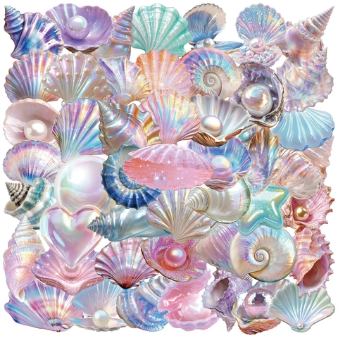 Irisierende Muschel PET Aufkleber Ozean Thema Transparent Wasserdicht Perle Schale Decals Für Journaling Scrapbooking DIY Dekoration