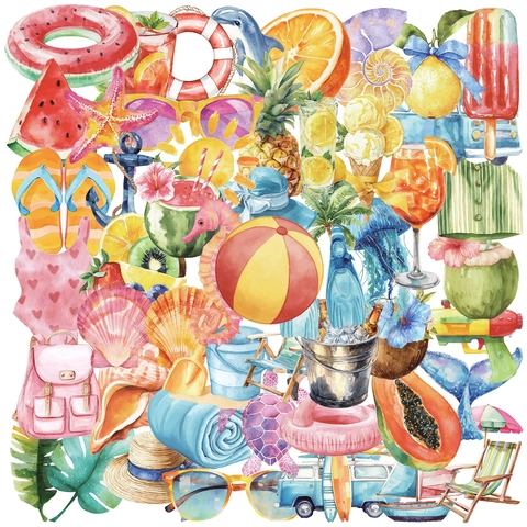 Sommer Strand Thema Transparente PET Dekorative Aufkleber Wasserdichte Aquarell Tropische Frucht Meerestiere Scrapbook Laptop Aufkleber