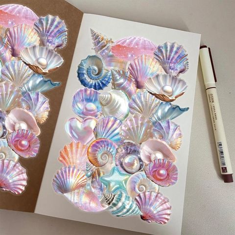 Irisierende Muschel PET Aufkleber Ozean Thema Transparent Wasserdicht Perle Schale Decals Für Journaling Scrapbooking DIY Dekoration