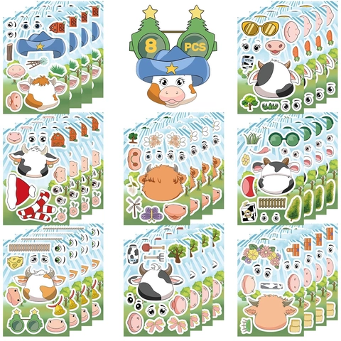 Adesivi Fai-da-te Mucca Cartone Animato Puzzle Cambia Faccia per Bambini Adesivi in PVC Impermeabili Educativi Precoci Animali della Fattoria