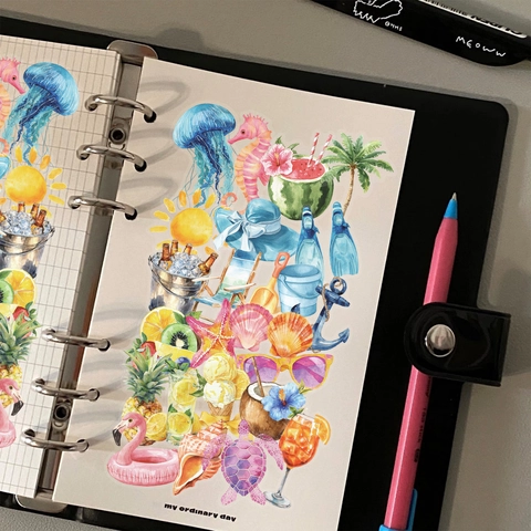 Sommer Strand Thema Transparente PET Dekorative Aufkleber Wasserdichte Aquarell Tropische Frucht Meerestiere Scrapbook Laptop Aufkleber