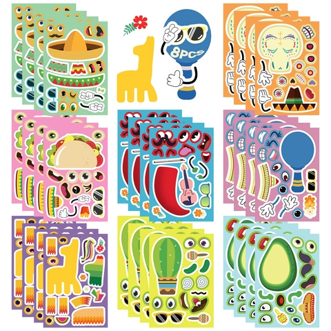 Autocollants DIY Fiesta Mexicaine pour Enfants Puzzle de Changement de Visage PVC Imprimé Cadeau de Fête Artisanat Éducatif Autocollant