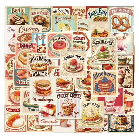 Adesivi Vintage in Stile Cartone Animato a Tema Cibo e Dessert Confezione Impermeabile per Laptop Cover Telefono DIY Scrapbooking