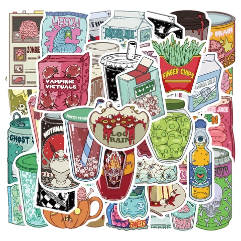 50Pcs Halloween Zombie Food Stickers Horror Funny Waterproof PVC Decals For DIY Notebook Water Bottle Laptop Party Decor