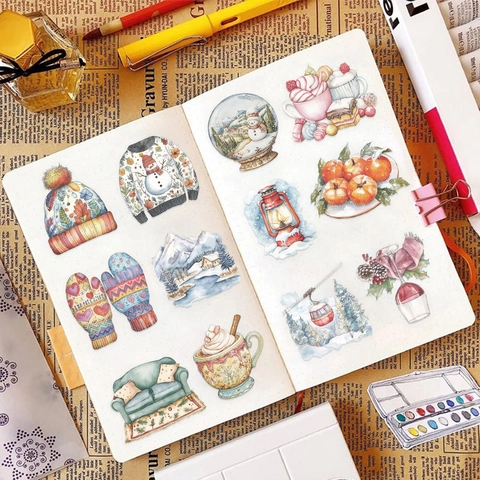 50 Piezas Dibujos Animados Navidad Fiesta Pegatinas Impermeable Transparente PET Acuarela Pintada a Mano Invierno Decoración para Laptop
