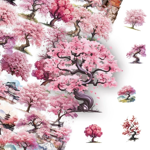 Pink Watercolor Cherry Blossom PET Stickers Japanese Style Sakura Decorative Waterproof Decals For DIY Phone Journal Laptop