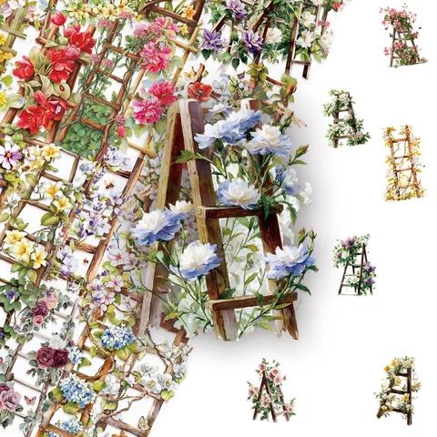 Vintage Watercolor Flower Ladder PET Stickers Transparent Waterproof Botanical Floral Decorative Decals For Scrapbooking DIY Crafts