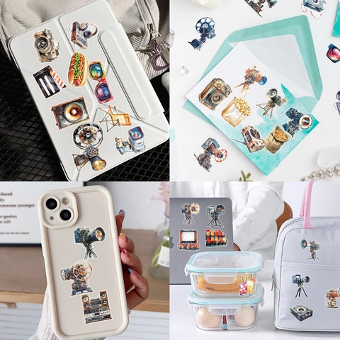 Retro Watercolor Movie Projector Stickers PET Waterproof Vintage Film Theme Decorative DIY Phone Case Laptop Cup Decals