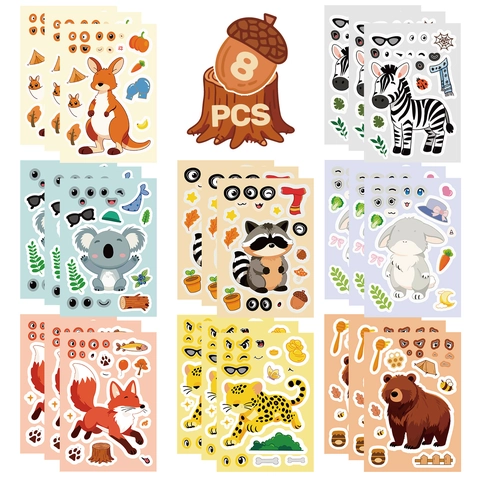 8 Hojas de Pegatinas DIY Cambio de Cara Animales del Bosque Rompecabezas Educativo Pegatinas Dibujos Animados PVC para Niños