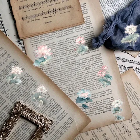Adesivi in PET a Forma di Loto in Stile Antico Cinese Decalcomanie Decorative di Calligrafia Floreale Impermeabile Trasparente per Diario Fai-da-te