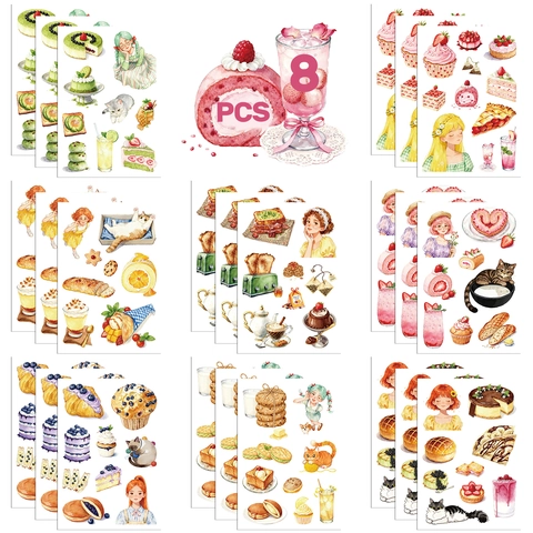 Adesivi Acquerello Dolci Pastorali Francesi Estetici Ragazza Gatto Adesivi Decorativi per Scrapbooking Fai Da Te Diario