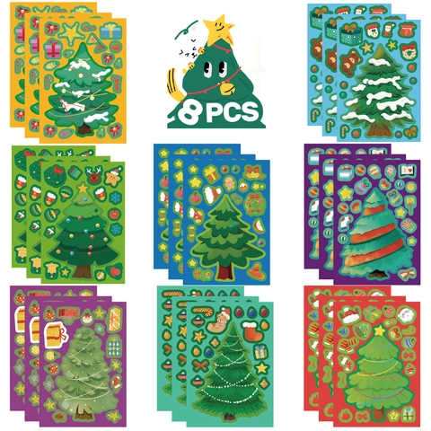 8 Blatt Weihnachtsbaum Make A Face Aufkleber Für Kinder DIY Cartoon Puzzle Dekorationen Feiertag Party Zubehör Weihnachten