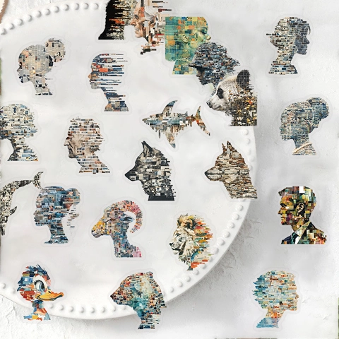 Artistic Mosaic Collage PET Stickers Transparent Retro Portrait Animal Decorative Decals For DIY Journal Suitcase Phone Case Guitar Decor