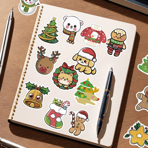 Autocollants de Noël en Dessin Animé Imperméables en Vinyle PVC Motifs Assortis pour Ordinateur Bouteille d'Eau Scrapbook Bagage Décoration DIY de Vacances