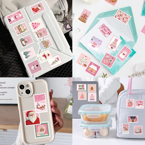 Pink Christmas Postage Stamp Stickers Cartoon DIY Scrapbook Phone Case Laptop Waterproof PVC Decorative Holiday Decals Gift