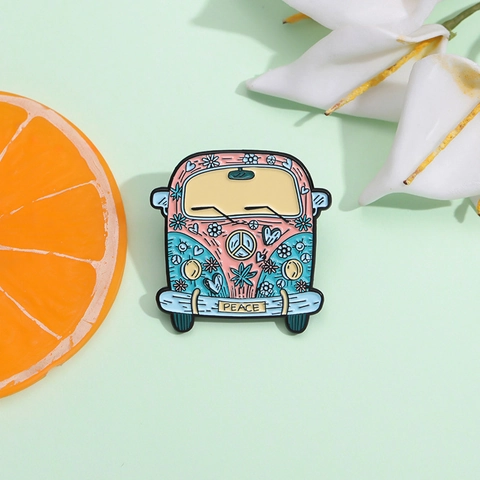 Vintage Hippie Bus Enamel Pin Cartoon Pink Blue Floral Heart Peace Sign Alloy Brooch For Women Backpack Clothes Accessory
