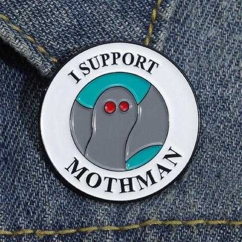 I Support Mothman Spilla in Smalto Distintivo Rotondo Cartone Animato Leggenda Urbana Spilla in Lega per Zaino Abbigliamento Gioielli