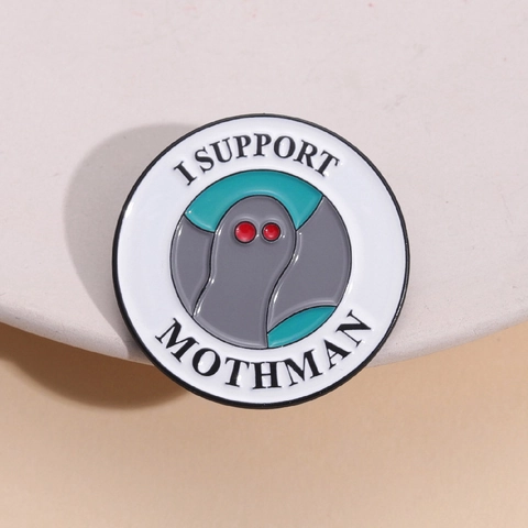 Pin de Esmalte I Support Mothman Dibujos Animados Criptido Ojos Rojos Broche Redondo de Aleación Insignia para Decoración de Ropa Mochila