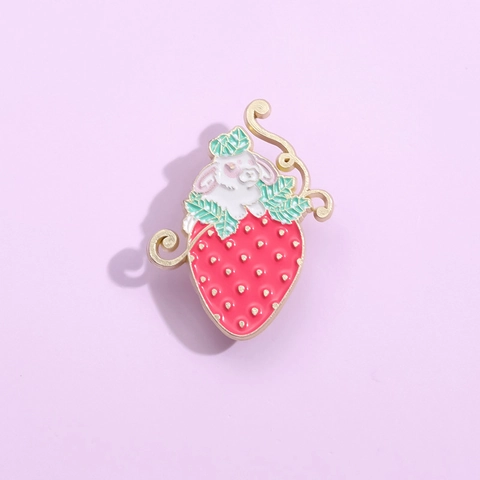 Simpatica Spilla in Smalto a Forma di Coniglio Fragola Cartone Animato per Donna Bambini Lega Frutta Animale Distintivo Gioielli Regalo