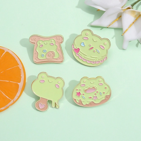 Cute Cartoon Frog Food Enamel Brooch Pin Alloy Lacquer Burger Donut Toast Milk Box Shape Badge Jewelry For Women Daily Bag