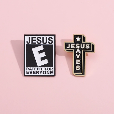 Kreativ Jesus Saves Kreuz Emaille Pin Rated E For Everyone Buchstaben Brosche Legierung Schmuck Pin Kleidung Tasche Dekor