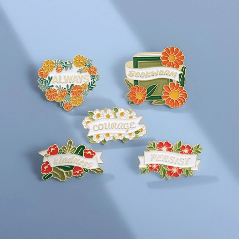 Inspirational English Flower Book Heart Enamel Brooch Zinc Alloy Baked Paint Badge Fashion Jewelry For Clothes Scarf Gift