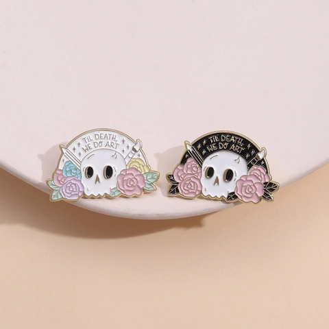 Gothische Künstlerische Totenkopf Rose Emaille Brosche Pin Til Death We Do Art Schriftzug Legierung Abzeichen Für Rucksack Kleidung Dekoration