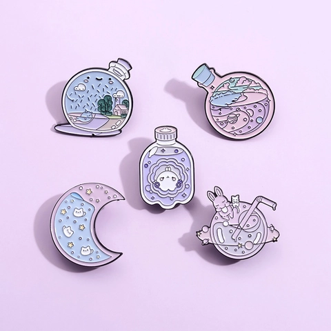 Lindo Broche de Esmalte de Dibujos Animados Pin Botella a la Deriva Conejo Luna Estrella Diseño Aleación Pin de Solapa para Mujeres Niñas Niños Joyería de Moda Regalo