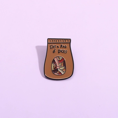Lustige Kreative Braune Tasche Emaille Pin Humorvolles Eat A Bag Of Dicks Phallisches Design Legierung Abzeichen Persönlichkeit Streich Schmuck Brosche Geschenk