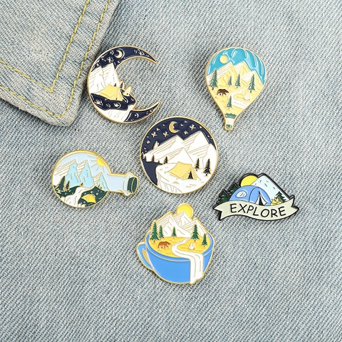Creative Cartoon Outdoor Camping Enamel Pins Mountain Tent Forest Bear Coffee Cup Alloy Brooch Badges For Backpack Accessories