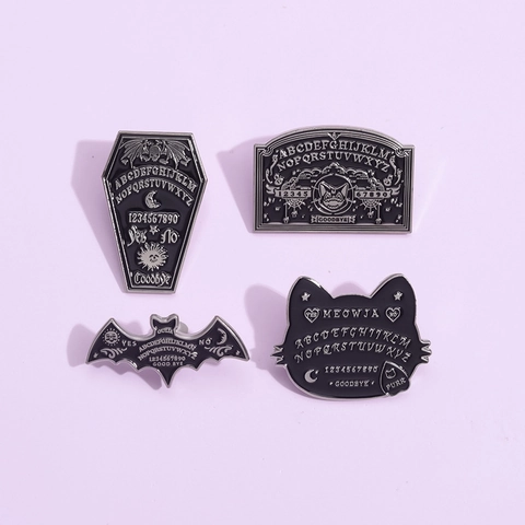 Gothic Ouija Board Enamel Pins Set Alloy Coffin Bat Cat Shape Brooch For Halloween Dark Retro Clothing Accessory Jewelry Gift
