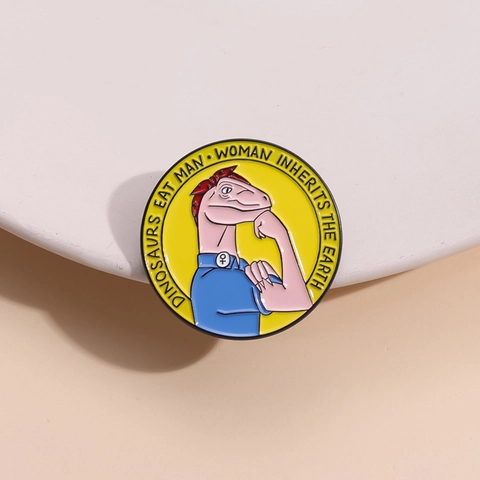 Kreative Dinosaurier Rosie The Riveter Emaille Pin Runde Zinklegierung Brosche Abzeichen Für Rucksack Kleidung Schmuck Geschenk Damen Herren