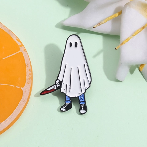 Halloween Ghost Holding Knife Enamel Brooch Pin Cartoon Character Alloy Metal Badge Funny Dark Humor Lapel Pin Jewelry Gift