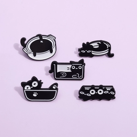 Süße Cartoon Schwarze Katze Emaille Brosche Zinklegierung Lackierung Katze In Tasse Schüssel Behälter Abzeichen Für Kleidung Tasche Schmuck Dekoration Geschenk