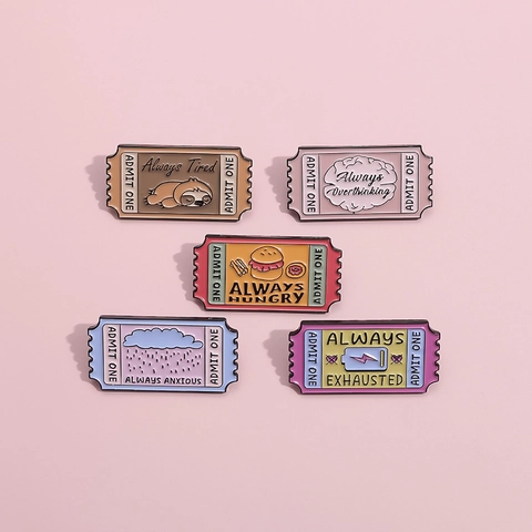 Divertente Spilla in Smalto a Forma di Biglietto del Cinema in Lega di Zinco Always Exhausted Anxious Tired Spilla da Risvolto Badge Gioielli Regalo per Uomo Donna