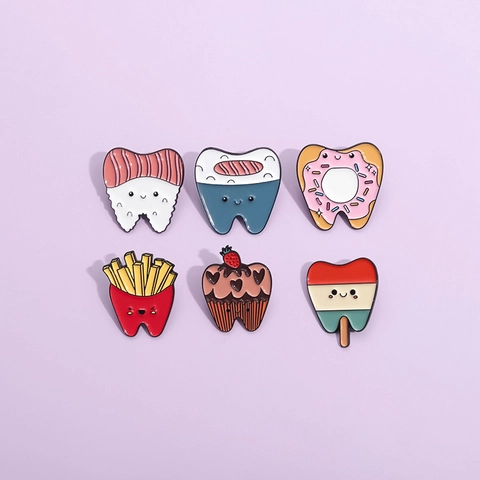 Cartoon Zahn Food Emaille Brosche Süße Sushi Pommes Donut Cupcake Legierung Metall Anstecknadel Für Rucksack Kleidung Accessoire