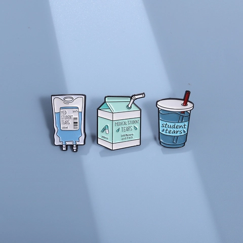 Creative Medical Student Tears Enamel Pins Humorous Milk Box Beverage Bottle Infusion Bag Brooches Zinc Alloy Cartoon Badges Accessories For Backpack Clothes Decoration