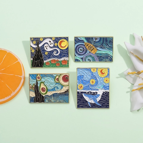 Broches de Esmalte de Aleación Artística Creativa Van Gogh Noche Estrellada Halloween Fantasma Ballena Aguacate Barco Pines de Metal para Mochila Chaqueta Mujer Hombre Joyería