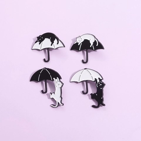 Cartoon Cat Umbrella Enamel Brooch Pin Funny Animal Badges Black White Kitty Lapel Pins For Clothing Bags Jewelry Gifts For Kids