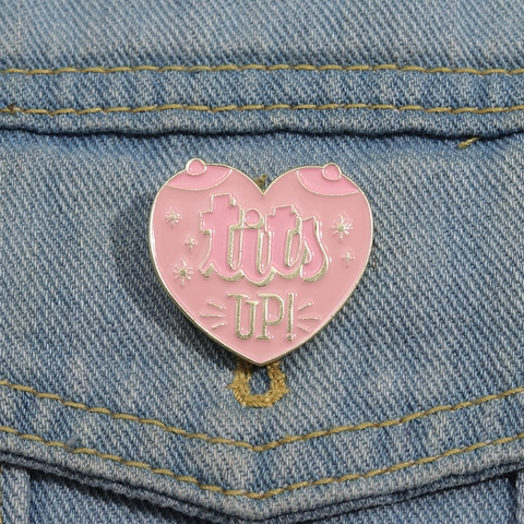Feminist Heart Shape Enamel Brooch Pin Pink Gold Zinc Alloy Badge With Tits Up Letter Pattern For Women Daily Decoration