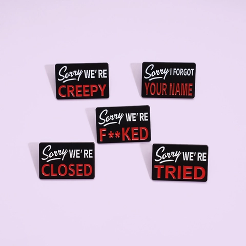 Épingles Émaillées Drôle Citation Sorry Broche en Alliage Noir Rectangulaire Badges de Lettre Créative pour Sacs de Vêtements