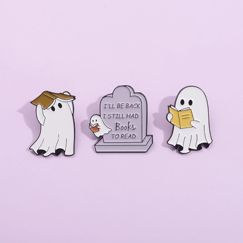 Spilla in Smalto di Halloween Creativa Fantasma Che Legge a Forma di Lapide Libri Distintivo in Lega Accessorio per Vestiti in Metallo Personalizzato