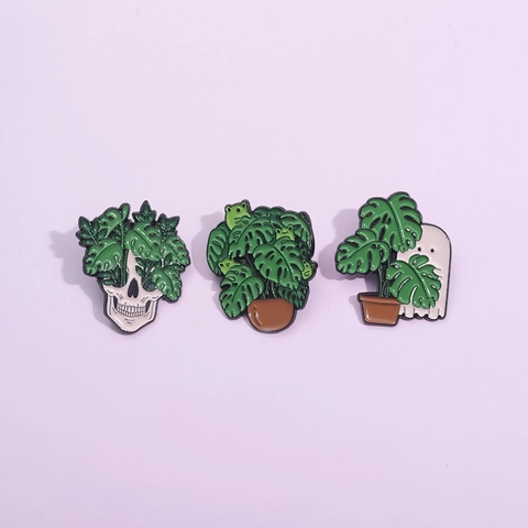 Broche en Émail Punk Crâne Fantôme Plante Monstera Feuille Alliage de Zinc Badge pour Sac à Dos Vêtements Broche Décorative Cadeau