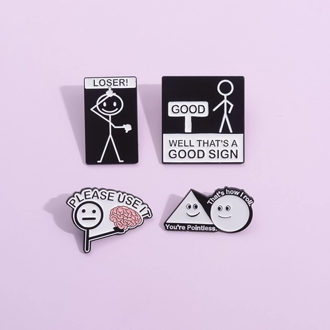 Lustiges Strichmännchen Emaille Pin Set Humorvoller Englischer Text Gehirn Geometrische Legierung Abzeichen Für Kleidung Rucksack
