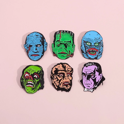 Spilla in Smalto Lega Mostro Film Horror Retrò Frankenstein Dracula Lupo Mannaro Mummia Distintivo Halloween Gioielli