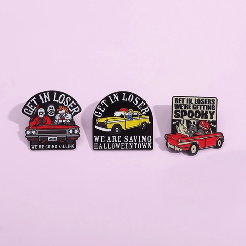 Halloween Legierung Emaille Pin Horrorfilm Charaktere Im Auto Slogan Brosche Geist Kürbis Skelett Abzeichen Schmuck Geschenk Für Kleidung Tasche