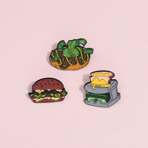Cartoon Food Money Alloy Enamel Pin Creative Burger Donut Toaster Design Dollar Sign Metal Badge For Backpack Clothing Decoration Unisex