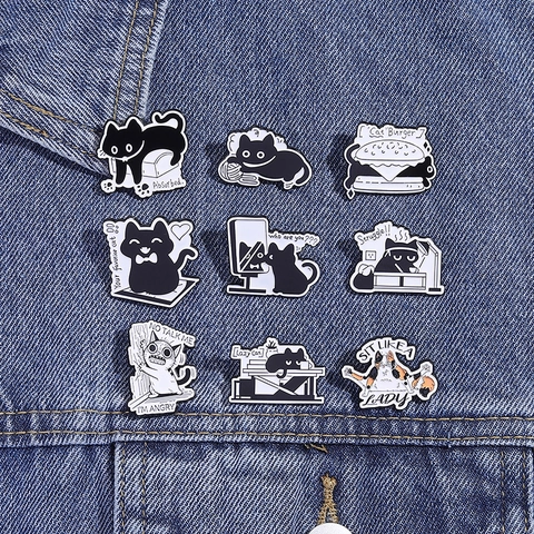 Lustige Cartoon Schwarze Katze Emaille Pin Set Legierung Tier Brosche Abzeichen Für Kleidung Taschen Dekoration Damen Herren Geschenk