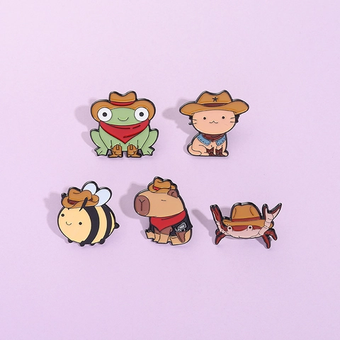 Cartoon Cowboy Tier Emaille Brosche Pin Legierung Lack Süße Biene Frosch Katze Wasserschwein Krabbe Abzeichen Für Rucksack Kleidung Deko